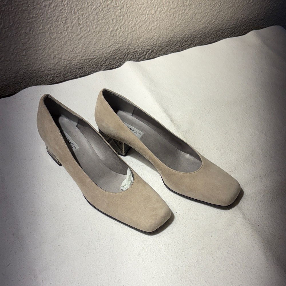 Bruno Magli Taupe Suede Low Block Heel Pumps